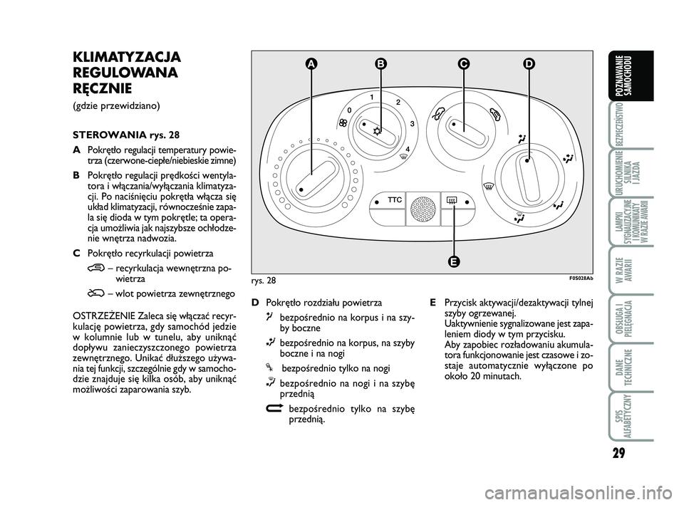 Abarth 500 2013  Instrukcja obsługi (in Polish) 29
BEZPIECZEŃSTWO
URUCHOMIENIE
SILNIKA 
I JAZDA
LAMPKI 
SYGNALIZACYJNE
I KOMUNIKATY
W RAZIE AWARII
W RAZIE
AWARII
OBSŁUGA I
PIELĘGNACJA 
DANE
TECHNICZNE
SPIS 
ALFABETYCZNY
POZNAWANIE
SAMOCHODU
KLI 