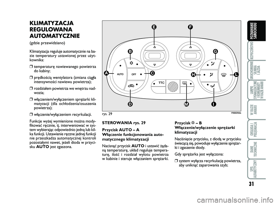 Abarth 500 2013  Instrukcja obsługi (in Polish) 31
BEZPIECZEŃSTWO
URUCHOMIENIE
SILNIKA 
I JAZDA
LAMPKI 
SYGNALIZACYJNE
I KOMUNIKATY
W RAZIE AWARII
W RAZIE
AWARII
OBSŁUGA I
PIELĘGNACJA 
DANE
TECHNICZNE
SPIS 
ALFABETYCZNY
POZNAWANIE
SAMOCHODU
KLI 