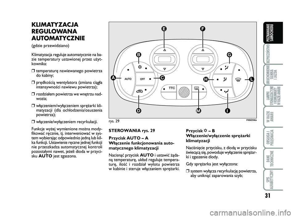 Abarth 500 2014  Instrukcja obsługi (in Polish) 31
BEZPIECZEŃSTWO
URUCHOMIENIE
SILNIKA 
I JAZDA
LAMPKI 
SYGNALIZACYJNE
I KOMUNIKATY
W RAZIE AWARII
W RAZIE
AWARII
OBSŁUGA I
PIELĘGNACJA 
DANE
TECHNICZNE
SPIS 
ALFABETYCZNY
POZNAWANIE
SAMOCHODU
KLI 