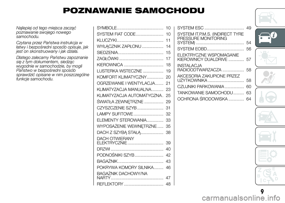 Abarth 500 2016  Instrukcja obsługi (in Polish) POZNAWANIE SAMOCHODU
Najlepiej od tego miejsca zacząć
poznawanie swojego nowego
samochodu.
Czytana przez Państwa instrukcja w
łatwy i bezpośredni sposób opisuje, jak
jest on skonstruowany i jak 