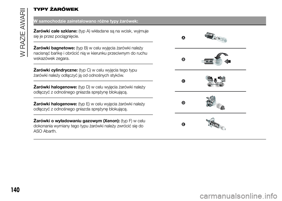 Abarth 500 2016 Instrukcja obsługi (in Polish) TYPY ŻARÓWEK
W samochodzie zainstalowano różne typy żarówek:
Żarówki całe szklane:(typ A) wkładane są na wcisk, wyjmuje
się je przez pociągnięcie.
Żarówki bagnetowe:(typ B) w celu wyj Abarth 500 2016 Instrukcja obsługi (in Polish) TYPY ŻARÓWEK
W samochodzie zainstalowano różne typy żarówek:
Żarówki całe szklane:(typ A) wkładane są na wcisk, wyjmuje
się je przez pociągnięcie.
Żarówki bagnetowe:(typ B) w celu wyj