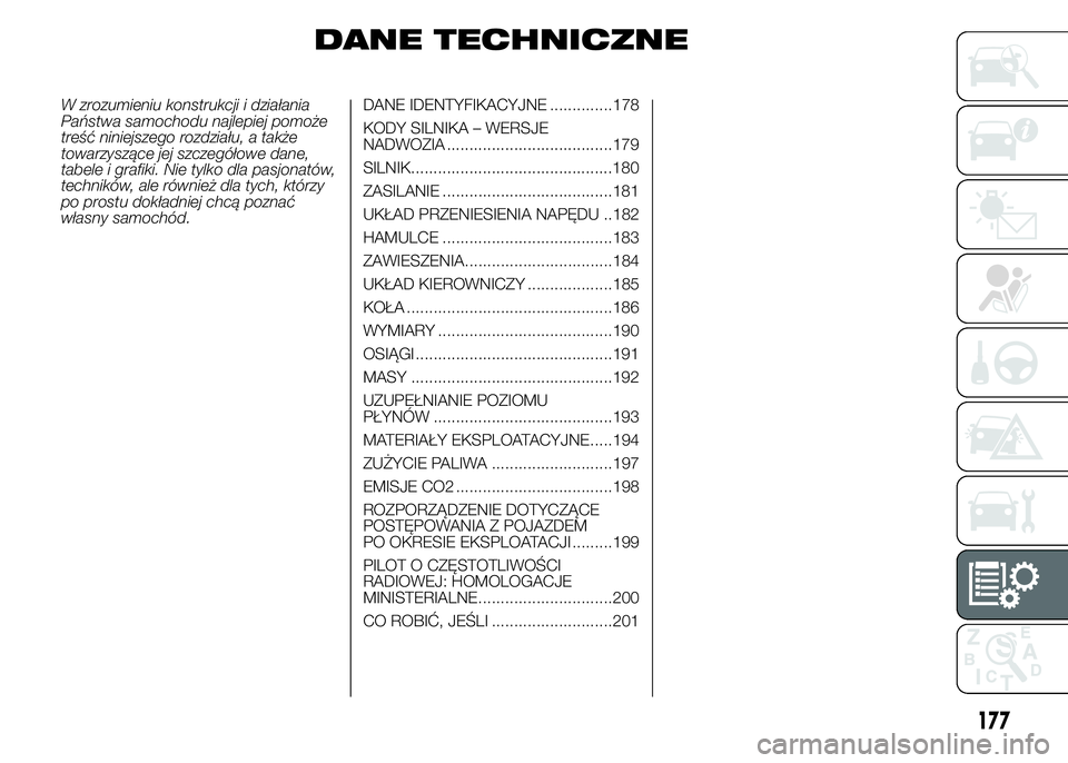 Abarth 500 2016 Instrukcja obsługi (in Polish) DANE TECHNICZNE
W zrozumieniu konstrukcji i działania
Państwa samochodu najlepiej pomoże
treść niniejszego rozdziału, a także
towarzyszące jej szczegółowe dane,
tabele i grafiki. Nie tylko d Abarth 500 2016 Instrukcja obsługi (in Polish) DANE TECHNICZNE
W zrozumieniu konstrukcji i działania
Państwa samochodu najlepiej pomoże
treść niniejszego rozdziału, a także
towarzyszące jej szczegółowe dane,
tabele i grafiki. Nie tylko d