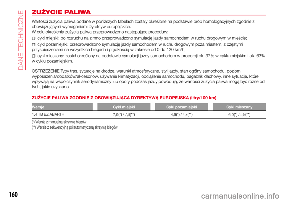Abarth 500 2017 Instrukcja obsługi (in Polish) ZUŻYCIE PALIWA
Wartości zużycia paliwa podane w poniższych tabelach zostały określone na podstawie prób homologacyjnych zgodnie z
obowiązującymi wymaganiami Dyrektyw europejskich.
W celu okre Abarth 500 2017 Instrukcja obsługi (in Polish) ZUŻYCIE PALIWA
Wartości zużycia paliwa podane w poniższych tabelach zostały określone na podstawie prób homologacyjnych zgodnie z
obowiązującymi wymaganiami Dyrektyw europejskich.
W celu okre