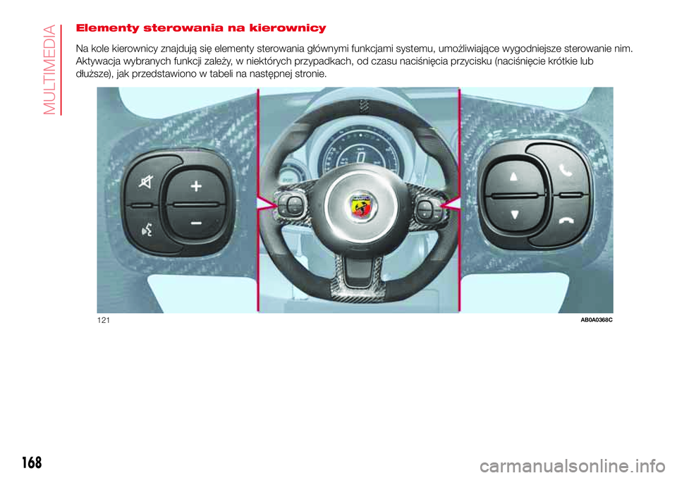 Abarth 500 2017 Instrukcja obsługi (in Polish) Elementy sterowania na kierownicy
Na kole kierownicy znajdują się elementy sterowania głównymi funkcjami systemu, umożliwiające wygodniejsze sterowanie nim.
Aktywacja wybranych funkcji zależy, Abarth 500 2017 Instrukcja obsługi (in Polish) Elementy sterowania na kierownicy
Na kole kierownicy znajdują się elementy sterowania głównymi funkcjami systemu, umożliwiające wygodniejsze sterowanie nim.
Aktywacja wybranych funkcji zależy,