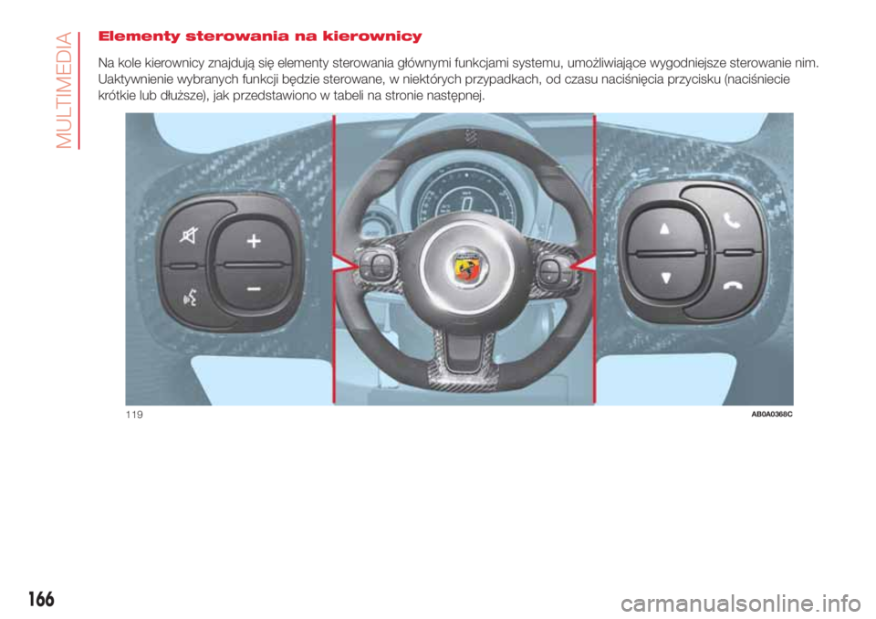 Abarth 500 2018 Instrukcja obsługi (in Polish) Elementy sterowania na kierownicy
Na kole kierownicy znajdują się elementy sterowania głównymi funkcjami systemu, umożliwiające wygodniejsze sterowanie nim.
Uaktywnienie wybranych funkcji będzi Abarth 500 2018 Instrukcja obsługi (in Polish) Elementy sterowania na kierownicy
Na kole kierownicy znajdują się elementy sterowania głównymi funkcjami systemu, umożliwiające wygodniejsze sterowanie nim.
Uaktywnienie wybranych funkcji będzi