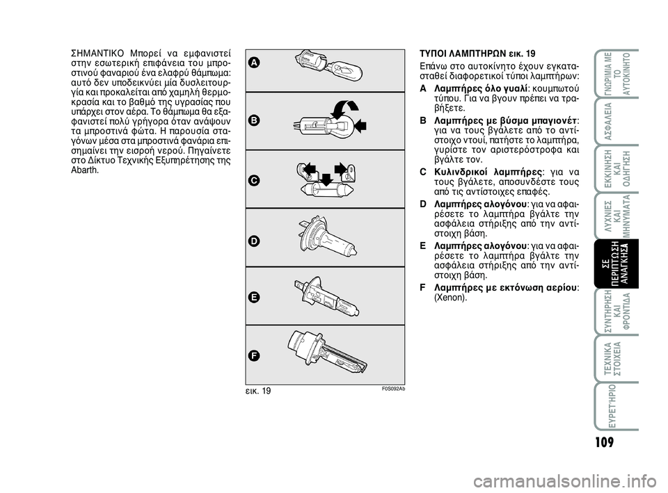Abarth 500 2012 ΒΙΒΛΙΟ ΧΡΗΣΗΣ ΚΑΙ ΣΥΝΤΗΡΗΣΗΣ (in Greek) 109
ΛΥΧΝΙΕΣ
ΚΑΙ
ΜΗΝΥΜΑΤΑ
ΓΝΩΡΙΜΙΑ ΜΕ
ΤΟ
ΑΥΤΟΚΙΝΗΤΟ
ΑΣΦΑΛΕΙΑ
ΕΚΚΙΝΗΣΗ
ΚΑΙ
ΟΔΗΓΗΣΗ
ΣΥΝΤΗΡΗΣΗ
ΚΑΙ
ΦΡΟΝΤΙΔΑ
ΤΕΧΝΙ Abarth 500 2012 ΒΙΒΛΙΟ ΧΡΗΣΗΣ ΚΑΙ ΣΥΝΤΗΡΗΣΗΣ (in Greek) 109
ΛΥΧΝΙΕΣ
ΚΑΙ
ΜΗΝΥΜΑΤΑ
ΓΝΩΡΙΜΙΑ ΜΕ
ΤΟ
ΑΥΤΟΚΙΝΗΤΟ
ΑΣΦΑΛΕΙΑ
ΕΚΚΙΝΗΣΗ
ΚΑΙ
ΟΔΗΓΗΣΗ
ΣΥΝΤΗΡΗΣΗ
ΚΑΙ
ΦΡΟΝΤΙΔΑ
ΤΕΧΝΙ