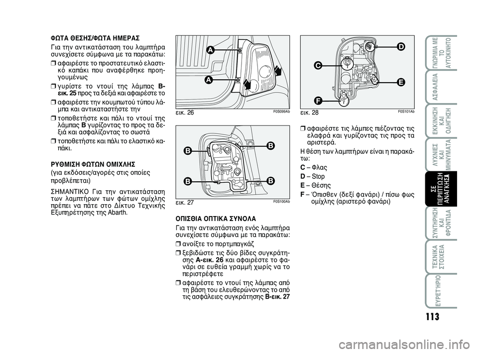 Abarth 500 2012 ΒΙΒΛΙΟ ΧΡΗΣΗΣ ΚΑΙ ΣΥΝΤΗΡΗΣΗΣ (in Greek) 113
ΛΥΧΝΙΕΣ
ΚΑΙ
ΜΗΝΥΜΑΤΑ
ΓΝΩΡΙΜΙΑ ΜΕ
ΤΟ
ΑΥΤΟΚΙΝΗΤΟ
ΑΣΦΑΛΕΙΑ
ΕΚΚΙΝΗΣΗ
ΚΑΙ
ΟΔΗΓΗΣΗ
ΣΥΝΤΗΡΗΣΗ
ΚΑΙ
ΦΡΟΝΤΙΔΑ
ΤΕΧΝΙ Abarth 500 2012 ΒΙΒΛΙΟ ΧΡΗΣΗΣ ΚΑΙ ΣΥΝΤΗΡΗΣΗΣ (in Greek) 113
ΛΥΧΝΙΕΣ
ΚΑΙ
ΜΗΝΥΜΑΤΑ
ΓΝΩΡΙΜΙΑ ΜΕ
ΤΟ
ΑΥΤΟΚΙΝΗΤΟ
ΑΣΦΑΛΕΙΑ
ΕΚΚΙΝΗΣΗ
ΚΑΙ
ΟΔΗΓΗΣΗ
ΣΥΝΤΗΡΗΣΗ
ΚΑΙ
ΦΡΟΝΤΙΔΑ
ΤΕΧΝΙ