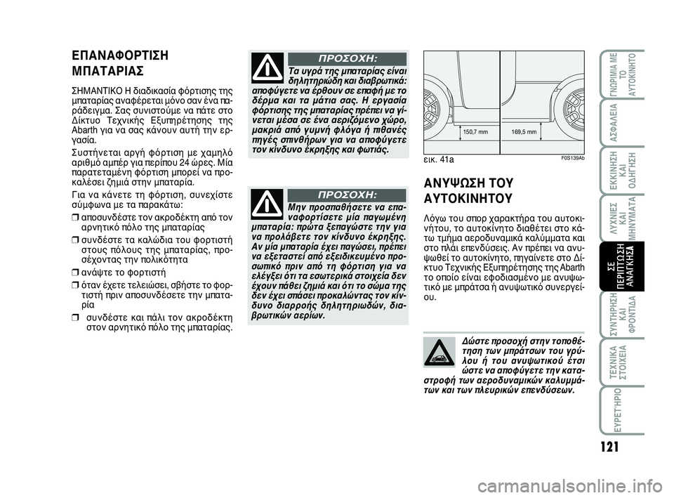Abarth 500 2012 ΒΙΒΛΙΟ ΧΡΗΣΗΣ ΚΑΙ ΣΥΝΤΗΡΗΣΗΣ (in Greek) 121
ΛΥΧΝΙΕΣ
ΚΑΙ
ΜΗΝΥΜΑΤΑ
ΓΝΩΡΙΜΙΑ ΜΕ
ΤΟ
ΑΥΤΟΚΙΝΗΤΟ
ΑΣΦΑΛΕΙΑ
ΕΚΚΙΝΗΣΗ
ΚΑΙ
ΟΔΗΓΗΣΗ
ΣΥΝΤΗΡΗΣΗ
ΚΑΙ
ΦΡΟΝΤΙΔΑ
ΤΕΧΝΙ Abarth 500 2012 ΒΙΒΛΙΟ ΧΡΗΣΗΣ ΚΑΙ ΣΥΝΤΗΡΗΣΗΣ (in Greek) 121
ΛΥΧΝΙΕΣ
ΚΑΙ
ΜΗΝΥΜΑΤΑ
ΓΝΩΡΙΜΙΑ ΜΕ
ΤΟ
ΑΥΤΟΚΙΝΗΤΟ
ΑΣΦΑΛΕΙΑ
ΕΚΚΙΝΗΣΗ
ΚΑΙ
ΟΔΗΓΗΣΗ
ΣΥΝΤΗΡΗΣΗ
ΚΑΙ
ΦΡΟΝΤΙΔΑ
ΤΕΧΝΙ