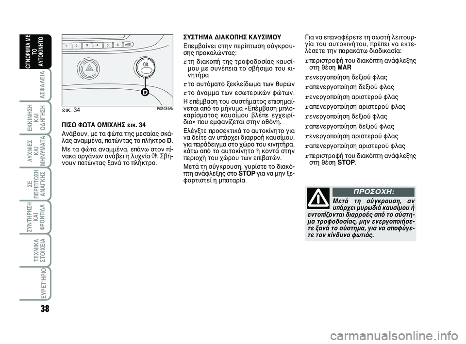 Abarth 500 2012  ΒΙΒΛΙΟ ΧΡΗΣΗΣ ΚΑΙ ΣΥΝΤΗΡΗΣΗΣ (in Greek) 38
ΛΥΧΝΙΕΣ
ΚΑΙ
ΜΗΝΥΜΑΤΑ
ΣΥΝΤΗΡΗΣΗ
ΚΑΙ
ΦΡΟΝΤΙΔΑ
ΤΕΧΝΙΚΑ
ΣΤΟΙΧΕΙΑ
ΕΥΡΕΤΉΡΙΟ
ΣΕ
ΠΕΡΙΠΤΩΣΗ
ΑΝΑΓΚΗΣ
ΑΣΦΑΛΕΙΑ
ΕΚΚΙ