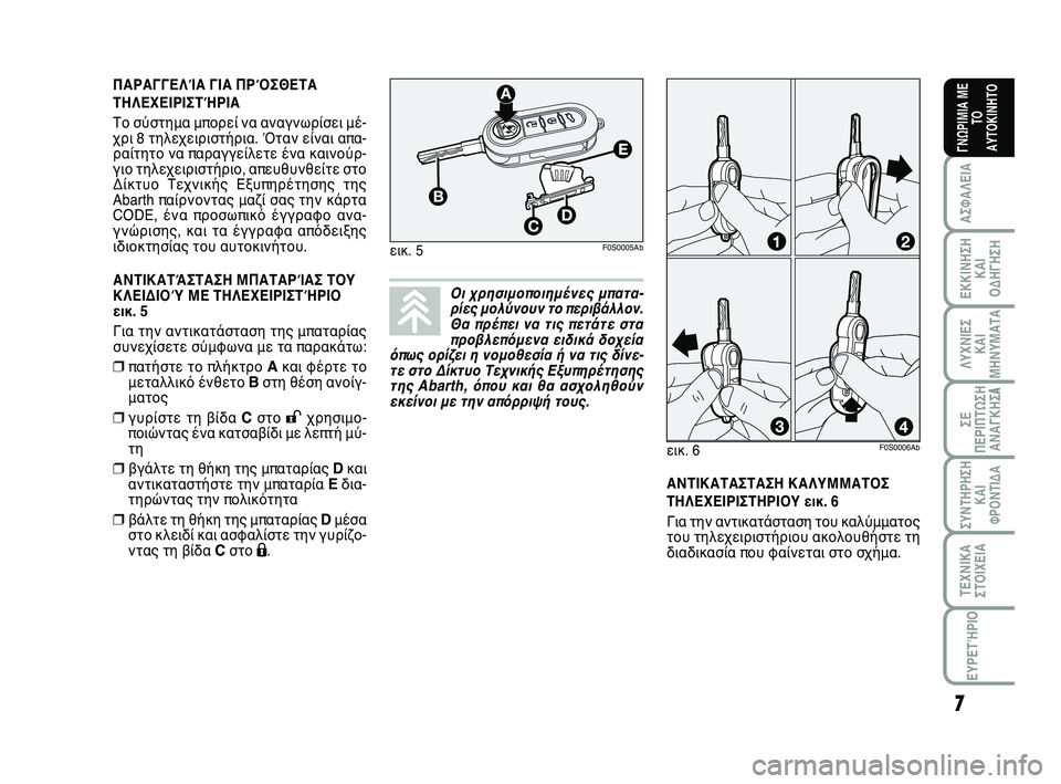 Abarth 500 2012  ΒΙΒΛΙΟ ΧΡΗΣΗΣ ΚΑΙ ΣΥΝΤΗΡΗΣΗΣ (in Greek) 7
ΛΥΧΝΙΕΣ
ΚΑΙ
ΜΗΝΥΜΑΤΑ
ΣΥΝΤΗΡΗΣΗ
ΚΑΙ
ΦΡΟΝΤΙΔΑ
ΤΕΧΝΙΚΑ
ΣΤΟΙΧΕΙΑ
ΕΥΡΕΤΉΡΙΟ
ΣΕ
ΠΕΡΙΠΤΩΣΗ
ΑΝΑΓΚΗΣA
ΑΣΦΑΛΕΙΑ
ΕΚΚΙ