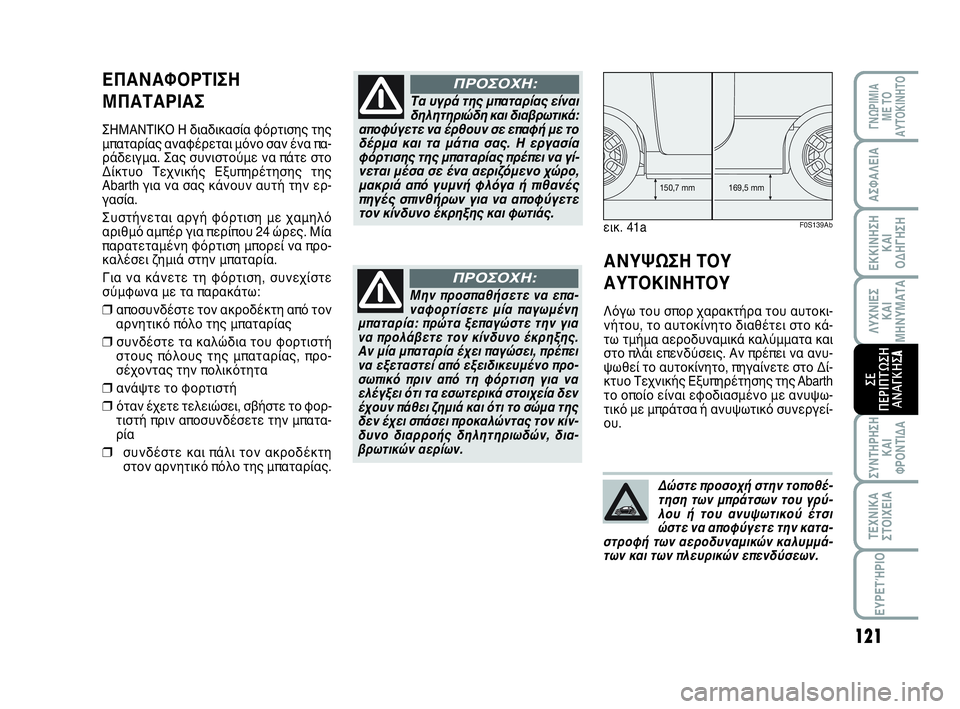 Abarth 500 2014  ΒΙΒΛΙΟ ΧΡΗΣΗΣ ΚΑΙ ΣΥΝΤΗΡΗΣΗΣ (in Greek) 121
ΛΥΧΝΙΕΣ
ΚΑΙ
ΜΗΝΥΜΑΤΑ
ΓΝΩΡΙΜΙΑ 
ΜΕ ΤΟ
ΑΥΤΟΚΙΝΗΤΟ
ΑΣΦΑΛΕΙΑ
ΕΚΚΙΝΗΣΗ
ΚΑΙ
ΟΔΗΓΗΣΗ
ΣΥΝΤΗΡΗΣΗ
ΚΑΙ
ΦΡΟΝΤΙΔΑ
ΤΕΧΝ