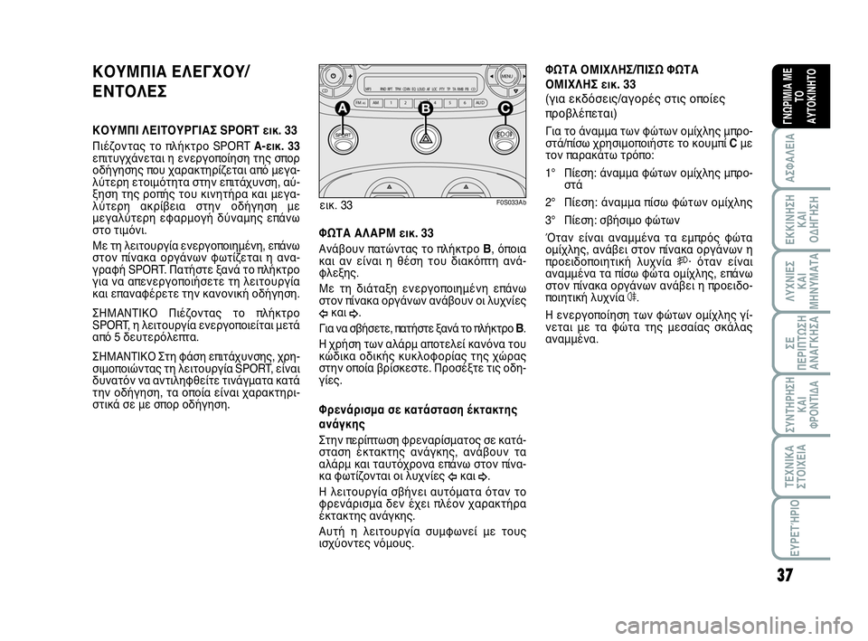 Abarth 500 2013  ΒΙΒΛΙΟ ΧΡΗΣΗΣ ΚΑΙ ΣΥΝΤΗΡΗΣΗΣ (in Greek) 37
ΛΥΧΝΙΕΣ
ΚΑΙ
ΜΗΝΥΜΑΤΑ
ΣΥΝΤΗΡΗΣΗ
ΚΑΙ
ΦΡΟΝΤΙΔΑ
ΤΕΧΝΙΚΑ
ΣΤΟΙΧΕΙΑ
ΕΥΡΕΤΉΡΙΟ
ΣΕ
ΠΕΡΙΠΤΩΣΗ
ΑΝΑΓΚΗΣA
ΑΣΦΑΛΕΙΑ
ΕΚΚ�