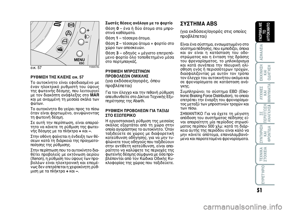 Abarth 500 2014 ΒΙΒΛΙΟ ΧΡΗΣΗΣ ΚΑΙ ΣΥΝΤΗΡΗΣΗΣ (in Greek) 51
ΛΥΧΝΙΕΣ
ΚΑΙ
ΜΗΝΥΜΑΤΑ
ΣΥΝΤΗΡΗΣΗ
ΚΑΙ
ΦΡΟΝΤΙΔΑ
ΤΕΧΝΙΚΑ
ΣΤΟΙΧΕΙΑ
ΕΥΡΕΤΉΡΙΟ
ΣΕ
ΠΕΡΙΠΤΩΣΗ
ΑΝΑΓΚΗΣA
ΑΣΦΑΛΕΙΑ
ΕΚΚ Abarth 500 2014 ΒΙΒΛΙΟ ΧΡΗΣΗΣ ΚΑΙ ΣΥΝΤΗΡΗΣΗΣ (in Greek) 51
ΛΥΧΝΙΕΣ
ΚΑΙ
ΜΗΝΥΜΑΤΑ
ΣΥΝΤΗΡΗΣΗ
ΚΑΙ
ΦΡΟΝΤΙΔΑ
ΤΕΧΝΙΚΑ
ΣΤΟΙΧΕΙΑ
ΕΥΡΕΤΉΡΙΟ
ΣΕ
ΠΕΡΙΠΤΩΣΗ
ΑΝΑΓΚΗΣA
ΑΣΦΑΛΕΙΑ
ΕΚΚ