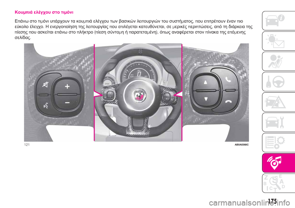 Abarth 500 2019 ΒΙΒΛΙΟ ΧΡΗΣΗΣ ΚΑΙ ΣΥΝΤΗΡΗΣΗΣ (in Greek) Κουμπιά ελέγχου στο τιμόνι
Επάνω στο τιμόνι υπάρχουν τα κουμπιά ελέγχου των βασικών λειτουργιών του συστήμα Abarth 500 2019 ΒΙΒΛΙΟ ΧΡΗΣΗΣ ΚΑΙ ΣΥΝΤΗΡΗΣΗΣ (in Greek) Κουμπιά ελέγχου στο τιμόνι
Επάνω στο τιμόνι υπάρχουν τα κουμπιά ελέγχου των βασικών λειτουργιών του συστήμα