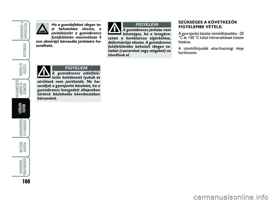 Abarth 500 2011  Kezelési és karbantartási útmutató (in Hungarian) 100
KARBANTARTÁS
ÉS GONDOZÁS 
MűSZAKI
ADATOK
BETűRENDES
TÁRGYMUTATÓ
ISMERKEDÉS A
GÉPKOCSIVAL
BIZTONSÁG
INDÍTÁS ÉS
VEZETÉS
FIGYELMEZTETŐ
LÁMPÁK ÉS
ÜZENETEK
SZÜKSÉG
ESETÉN
A gumiab
