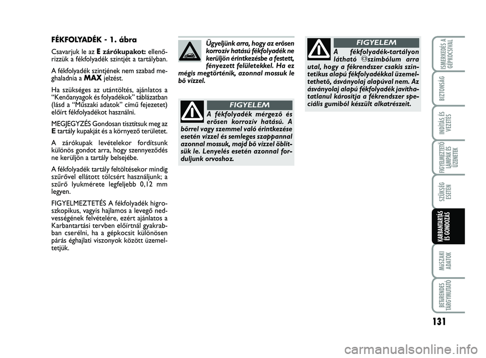Abarth 500 2009 Kezelési és karbantartási útmutató (in Hungarian) 131
MűSZAKI
ADATOK
BETűRENDES
TÁRGYMUTATÓ
ISMERKEDÉS A
GÉPKOCSIVAL
BIZTONSÁG
INDÍTÁS ÉS
VEZETÉS
FIGYELMEZTETŐ
LÁMPÁK ÉS
ÜZENETEK
SZÜKSÉG
ESETÉN
KARBANTARTÁS
ÉS GONDOZÁS
FÉKFOLY Abarth 500 2009 Kezelési és karbantartási útmutató (in Hungarian) 131
MűSZAKI
ADATOK
BETűRENDES
TÁRGYMUTATÓ
ISMERKEDÉS A
GÉPKOCSIVAL
BIZTONSÁG
INDÍTÁS ÉS
VEZETÉS
FIGYELMEZTETŐ
LÁMPÁK ÉS
ÜZENETEK
SZÜKSÉG
ESETÉN
KARBANTARTÁS
ÉS GONDOZÁS
FÉKFOLY