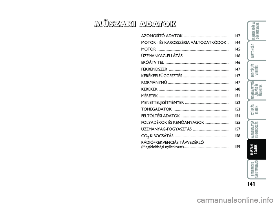 Abarth 500 2011 Kezelési és karbantartási útmutató (in Hungarian) 141
BETűRENDES
TÁRGYMUTATÓ
ISMERKEDÉS A
GÉPKOCSIVAL
BIZTONSÁG
INDÍTÁS ÉS
VEZETÉS
FIGYELMEZTETŐ
LÁMPÁK ÉS
ÜZENETEK
SZÜKSÉG
ESETÉN
KARBANTARTÁS
ÉS GONDOZÁS
MűSZAKI
ADATOK
AZONOSÍ Abarth 500 2011 Kezelési és karbantartási útmutató (in Hungarian) 141
BETűRENDES
TÁRGYMUTATÓ
ISMERKEDÉS A
GÉPKOCSIVAL
BIZTONSÁG
INDÍTÁS ÉS
VEZETÉS
FIGYELMEZTETŐ
LÁMPÁK ÉS
ÜZENETEK
SZÜKSÉG
ESETÉN
KARBANTARTÁS
ÉS GONDOZÁS
MűSZAKI
ADATOK
AZONOSÍ