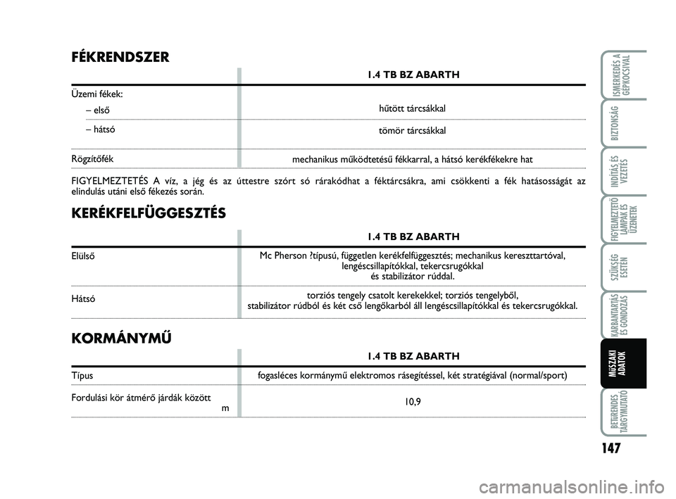 Abarth 500 2011 Kezelési és karbantartási útmutató (in Hungarian) 147
BETűRENDES
TÁRGYMUTATÓ
ISMERKEDÉS A
GÉPKOCSIVAL
BIZTONSÁG
INDÍTÁS ÉS
VEZETÉS
FIGYELMEZTETŐ
LÁMPÁK ÉS
ÜZENETEK
SZÜKSÉG
ESETÉN
KARBANTARTÁS
ÉS GONDOZÁS
MűSZAKI
ADATOK
KERÉKFE Abarth 500 2011 Kezelési és karbantartási útmutató (in Hungarian) 147
BETűRENDES
TÁRGYMUTATÓ
ISMERKEDÉS A
GÉPKOCSIVAL
BIZTONSÁG
INDÍTÁS ÉS
VEZETÉS
FIGYELMEZTETŐ
LÁMPÁK ÉS
ÜZENETEK
SZÜKSÉG
ESETÉN
KARBANTARTÁS
ÉS GONDOZÁS
MűSZAKI
ADATOK
KERÉKFE