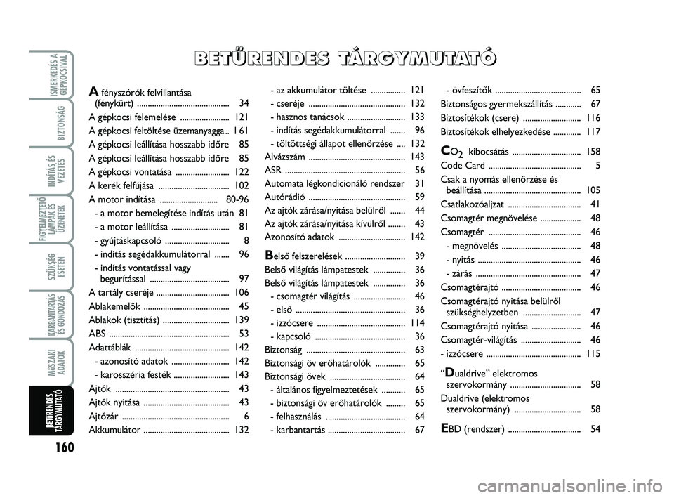 Abarth 500 2011  Kezelési és karbantartási útmutató (in Hungarian) 160
ISMERKEDÉS A
GÉPKOCSIVAL
BIZTONSÁG
INDÍTÁS ÉS
VEZETÉS
FIGYELMEZTETŐ
LÁMPÁK ÉS
ÜZENETEK
SZÜKSÉG
ESETÉN
KARBANTARTÁS
ÉS GONDOZÁS 
MűSZAKI
ADATOK
BETűRENDES
TÁRGYMUTATÓ
- az akk