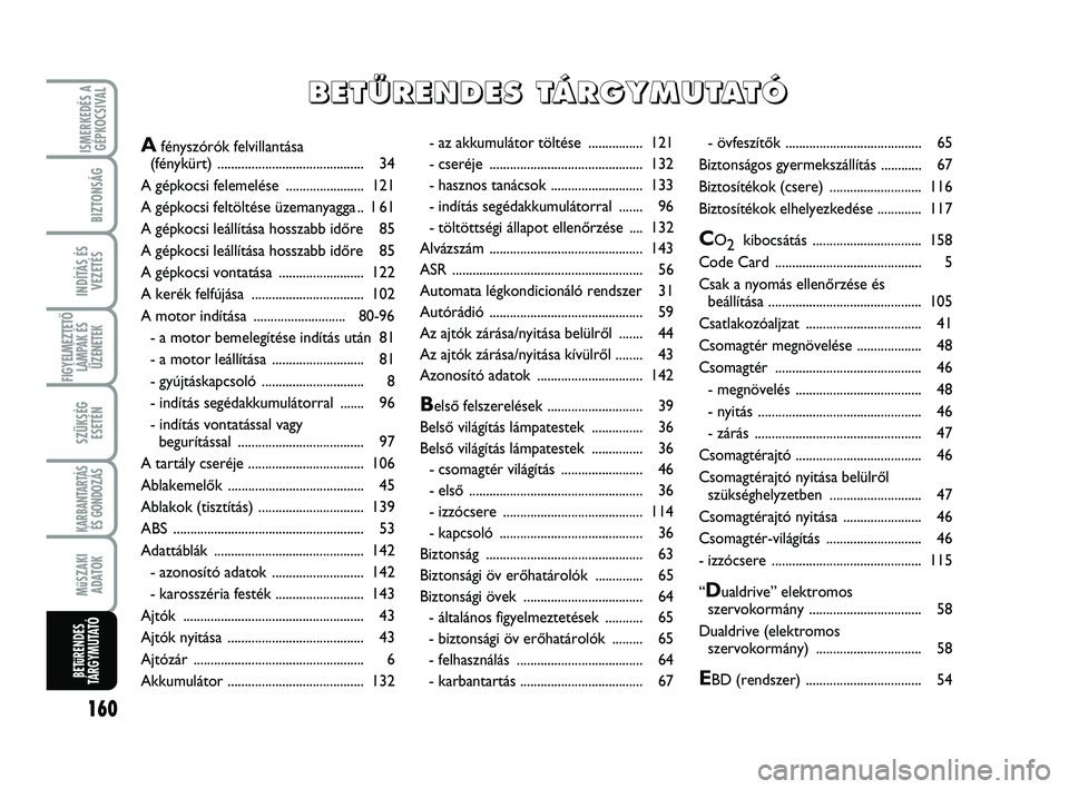 Abarth 500 2009  Kezelési és karbantartási útmutató (in Hungarian) 160
ISMERKEDÉS A
GÉPKOCSIVAL
BIZTONSÁG
INDÍTÁS ÉS
VEZETÉS
FIGYELMEZTETŐ
LÁMPÁK ÉS
ÜZENETEK
SZÜKSÉG
ESETÉN
KARBANTARTÁS
ÉS GONDOZÁS 
MűSZAKI
ADATOK
BETűRENDES
TÁRGYMUTATÓ
- az akk