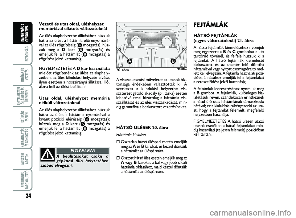 Abarth 500 2011  Kezelési és karbantartási útmutató (in Hungarian) 24
BIZTONSÁG
INDÍTÁS ÉS
VEZETÉS
FIGYELMEZTET
Ő LÁMPÁK ÉS
ÜZENETEK
SZÜKSÉG
ESETÉN
KARBANTARTÁS
ÉS GONDOZÁS 
MűSZAKI
ADATOK
BETűRENDES
TÁRGYMUTATÓ
ISMERKEDÉS A
GÉPKOCSIVAL
VezetŒ 