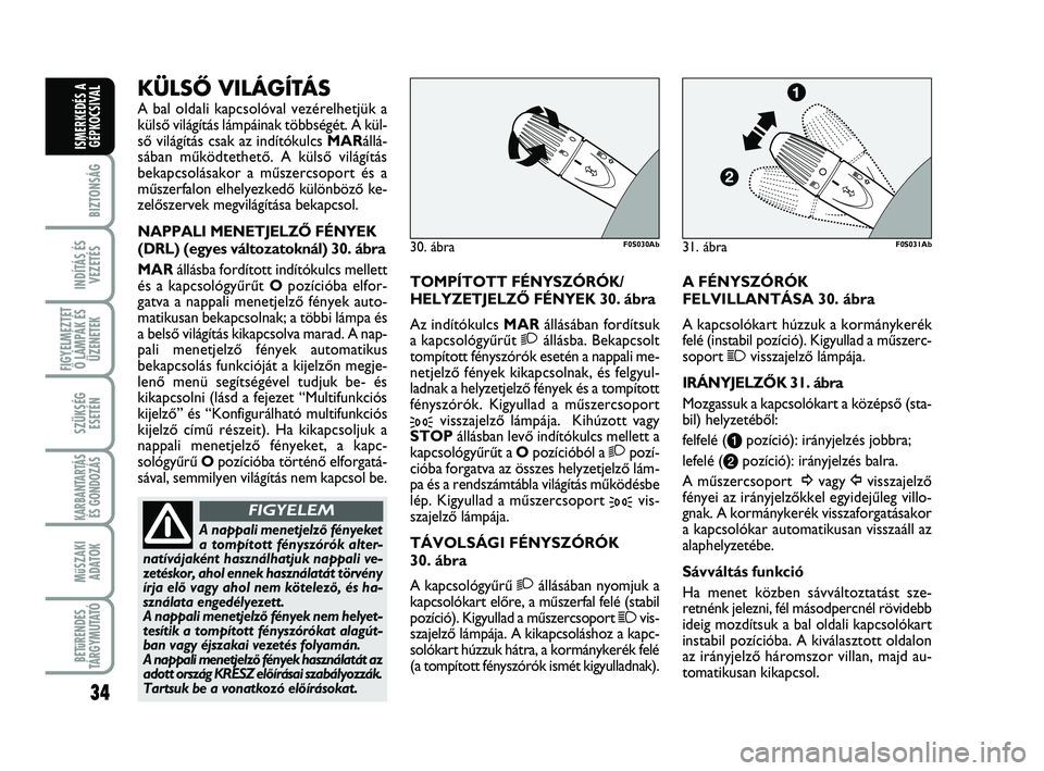 Abarth 500 2009  Kezelési és karbantartási útmutató (in Hungarian) 34
BIZTONSÁG
INDÍTÁS ÉS
VEZETÉS
FIGYELMEZTET
Ő LÁMPÁK ÉS
ÜZENETEK
SZÜKSÉG
ESETÉN
KARBANTARTÁS
ÉS GONDOZÁS 
MűSZAKI
ADATOK
BETűRENDES
TÁRGYMUTATÓ
ISMERKEDÉS A
GÉPKOCSIVAL
TOMPÍTO