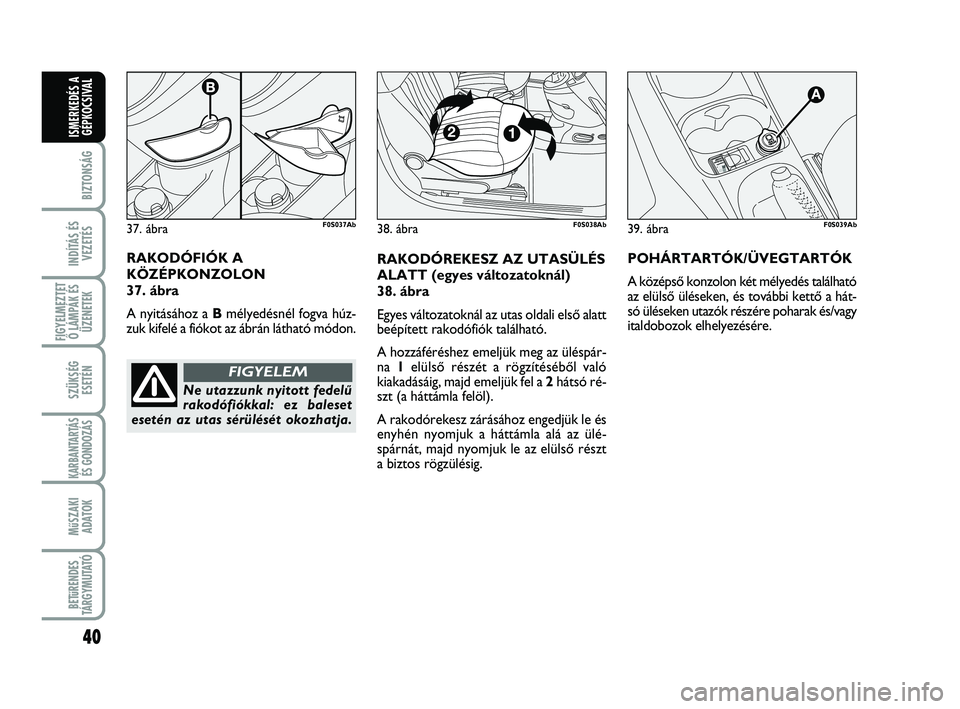Abarth 500 2009  Kezelési és karbantartási útmutató (in Hungarian) 40
BIZTONSÁG
INDÍTÁS ÉS
VEZETÉS
FIGYELMEZTET
Ő LÁMPÁK ÉS
ÜZENETEK
SZÜKSÉG
ESETÉN
KARBANTARTÁS
ÉS GONDOZÁS 
MűSZAKI
ADATOK
BETűRENDES
TÁRGYMUTATÓ
ISMERKEDÉS A
GÉPKOCSIVAL
39. ábr