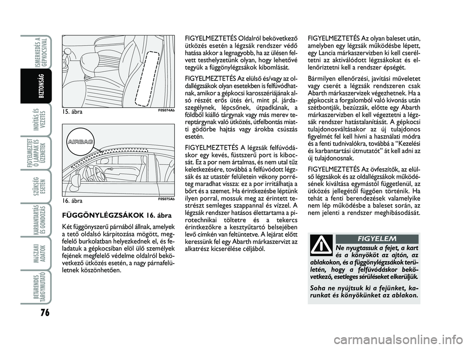 Abarth 500 2011  Kezelési és karbantartási útmutató (in Hungarian) 76
INDÍTÁS ÉS
VEZETÉS
FIGYELMEZTET
Ő LÁMPÁK ÉS
ÜZENETEK
SZÜKSÉG
ESETÉN
KARBANTARTÁS
ÉS GONDOZÁS 
MűSZAKI
ADATOK
BETűRENDES
TÁRGYMUTATÓ
ISMERKEDÉS A
GÉPKOCSIVAL
BIZTONSÁG
Ne nyugt