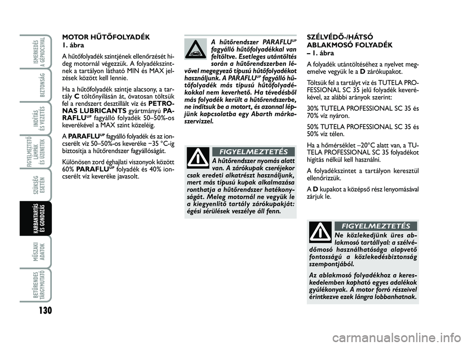 Abarth 500 2012  Kezelési és karbantartási útmutató (in Hungarian) 130
FIGYELMEZTETŐ
LÁMPÁK 
ÉS ÜZENETEK
MŰSZAKI
ADATOK
BETŰRENDES
TÁRGYMUTATÓ
ISMERKEDÉS
A GÉPKOCSIVA
L
BIZTONSÁG
INDÍTÁS 
ÉS VEZETÉS
SZÜKSÉG
ESETÉN
KARBANTARTÁS
ÉS GONDOZÁS
SZÉLV