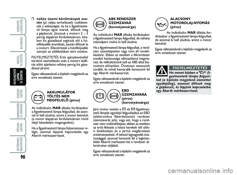 Abarth 500 2012 Kezelési és karbantartási útmutató (in Hungarian) 90
SZÜKSÉG
ESETÉN
KARBANTARTÁS
ÉS GONDOZÁS
MŰSZAKI
ADATOK
BETŰRENDES
TÁRGYMUTATÓ
ISMERKEDÉS
A GÉPKOCSIVA
L
BIZTONSÁG
INDÍTÁS
ÉS VEZETÉS
FIGYELMEZTETŐ
LÁMPÁK
ÉS ÜZENETEK
❒neh Abarth 500 2012 Kezelési és karbantartási útmutató (in Hungarian) 90
SZÜKSÉG
ESETÉN
KARBANTARTÁS
ÉS GONDOZÁS
MŰSZAKI
ADATOK
BETŰRENDES
TÁRGYMUTATÓ
ISMERKEDÉS
A GÉPKOCSIVA
L
BIZTONSÁG
INDÍTÁS
ÉS VEZETÉS
FIGYELMEZTETŐ
LÁMPÁK
ÉS ÜZENETEK
❒neh