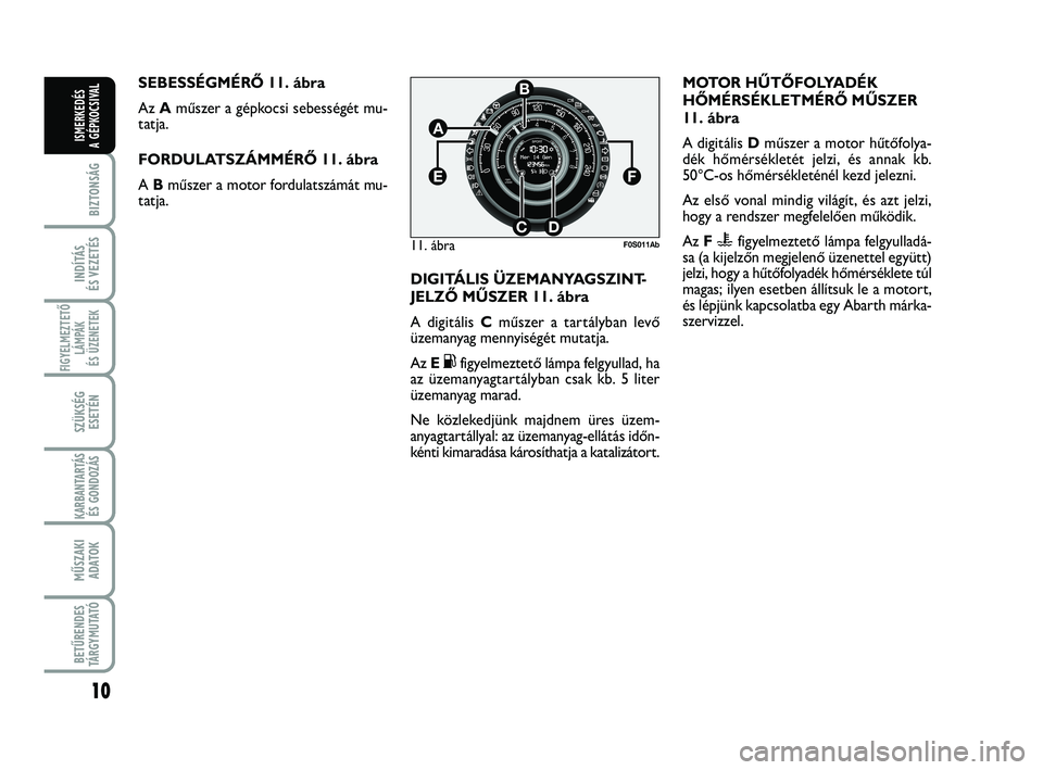 Abarth 500 2013 Kezelési és karbantartási útmutató (in Hungarian) 10
BIZTONSÁG
INDÍTÁS
ÉS VEZETÉS
FIGYELMEZTETŐ
LÁMPÁK
ÉS ÜZENETEK
SZÜKSÉG
ESETÉN
KARBANTARTÁS
ÉS GONDOZÁS
MŰSZAKI
ADATOK
BETŰRENDES
TÁRGYMUTATÓ
ISMERKEDÉS
A GÉPKOCSIVAL
SEBESSÉ Abarth 500 2013 Kezelési és karbantartási útmutató (in Hungarian) 10
BIZTONSÁG
INDÍTÁS
ÉS VEZETÉS
FIGYELMEZTETŐ
LÁMPÁK
ÉS ÜZENETEK
SZÜKSÉG
ESETÉN
KARBANTARTÁS
ÉS GONDOZÁS
MŰSZAKI
ADATOK
BETŰRENDES
TÁRGYMUTATÓ
ISMERKEDÉS
A GÉPKOCSIVAL
SEBESSÉ