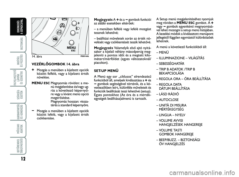 Abarth 500 2013 Kezelési és karbantartási útmutató (in Hungarian) 12
BIZTONSÁG
INDÍTÁS
ÉS VEZETÉS
FIGYELMEZTETŐ
LÁMPÁK
ÉS ÜZENETEK
SZÜKSÉG
ESETÉN
KARBANTARTÁS
ÉS GONDOZÁS
MŰSZAKI
ADATOK
BETŰRENDES
TÁRGYMUTATÓ
ISMERKEDÉS
A GÉPKOCSIVAL
VEZÉRL Abarth 500 2013 Kezelési és karbantartási útmutató (in Hungarian) 12
BIZTONSÁG
INDÍTÁS
ÉS VEZETÉS
FIGYELMEZTETŐ
LÁMPÁK
ÉS ÜZENETEK
SZÜKSÉG
ESETÉN
KARBANTARTÁS
ÉS GONDOZÁS
MŰSZAKI
ADATOK
BETŰRENDES
TÁRGYMUTATÓ
ISMERKEDÉS
A GÉPKOCSIVAL
VEZÉRL