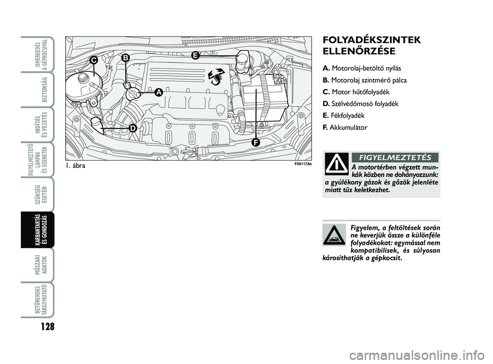 Abarth 500 2013 Kezelési és karbantartási útmutató (in Hungarian) 128
FIGYELMEZTETŐ
LÁMPÁK
ÉS ÜZENETEK
MŰSZAKI
ADATOK
BETŰRENDES
TÁRGYMUTATÓ
ISMERKEDÉS
A GÉPKOCSIVA
L
BIZTONSÁG
INDÍTÁS
ÉS VEZETÉS
SZÜKSÉG
ESETÉN
KARBANTARTÁS
ÉS GONDOZÁS
FOLYAD Abarth 500 2013 Kezelési és karbantartási útmutató (in Hungarian) 128
FIGYELMEZTETŐ
LÁMPÁK
ÉS ÜZENETEK
MŰSZAKI
ADATOK
BETŰRENDES
TÁRGYMUTATÓ
ISMERKEDÉS
A GÉPKOCSIVA
L
BIZTONSÁG
INDÍTÁS
ÉS VEZETÉS
SZÜKSÉG
ESETÉN
KARBANTARTÁS
ÉS GONDOZÁS
FOLYAD