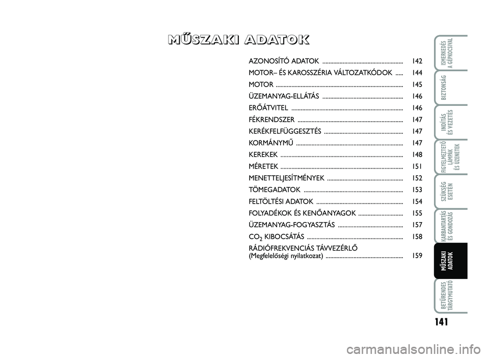 Abarth 500 2013 Kezelési és karbantartási útmutató (in Hungarian) 141
\bIGYE\fMEZTETŐ
\fÁMPÁK
ÉSÜZENETEK
BETŰRENDES
TÁRGYMUTATÓ
ISMERKEDÉS
AGÉPKOCSIVA\f
BIZTONSÁG
INDÍTÁS
ÉSVEZETÉS
SZÜKSÉG
ESETÉN
KARBANTARTÁS
ÉSGONDOZÁS
MŰSZAKI
ADATO
K
A ZON OS Abarth 500 2013 Kezelési és karbantartási útmutató (in Hungarian) 141
\bIGYE\fMEZTETŐ
\fÁMPÁK
ÉSÜZENETEK
BETŰRENDES
TÁRGYMUTATÓ
ISMERKEDÉS
AGÉPKOCSIVA\f
BIZTONSÁG
INDÍTÁS
ÉSVEZETÉS
SZÜKSÉG
ESETÉN
KARBANTARTÁS
ÉSGONDOZÁS
MŰSZAKI
ADATO
K
A ZON OS