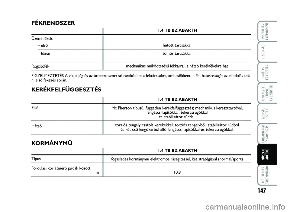 Abarth 500 2013 Kezelési és karbantartási útmutató (in Hungarian) 14\b
\bIGYE\fMEZTETŐ
\fÁMPÁK
ÉS ÜZENETEK
BETŰRENDES
TÁRGYMUTATÓ
ISMERKEDÉS
A GÉPKOCSIVA\f
BIZTONSÁG
INDÍTÁS
ÉS VEZETÉS
SZÜKSÉG
ESETÉN
KARBANTARTÁS
ÉS GONDOZÁS
MŰSZAKI
ADATO
K
KE Abarth 500 2013 Kezelési és karbantartási útmutató (in Hungarian) 14\b
\bIGYE\fMEZTETŐ
\fÁMPÁK
ÉS ÜZENETEK
BETŰRENDES
TÁRGYMUTATÓ
ISMERKEDÉS
A GÉPKOCSIVA\f
BIZTONSÁG
INDÍTÁS
ÉS VEZETÉS
SZÜKSÉG
ESETÉN
KARBANTARTÁS
ÉS GONDOZÁS
MŰSZAKI
ADATO
K
KE