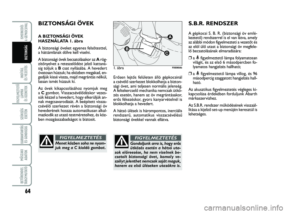 Abarth 500 2013  Kezelési és karbantartási útmutató (in Hungarian) 64
INDÍTÁS 
ÉS VEZETÉS
FIGYELMEZTETŐ
LÁMPÁK 
ÉS ÜZENETEK
SZÜKSÉG
ESETÉN
KARBANTARTÁS
ÉS GONDOZÁS
MŰSZAKI
ADATOK
BETŰRENDES
TÁRGYMUTATÓ
ISMERKEDÉS
A GÉPKOCSIVA
L
BIZTONSÁG
Erősen