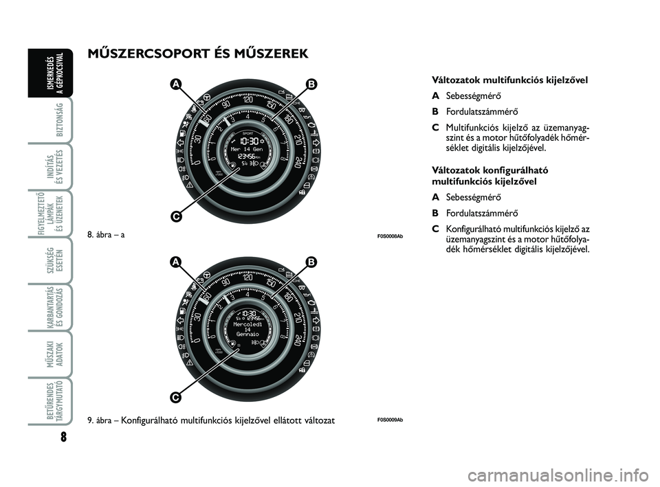 Abarth 500 2013  Kezelési és karbantartási útmutató (in Hungarian) 8
BIZTONSÁG
INDÍTÁS 
ÉS VEZETÉS
FIGYELMEZTETŐ
LÁMPÁK 
ÉS ÜZENETEK
SZÜKSÉG
ESETÉN
KARBANTARTÁS
ÉS GONDOZÁS
MŰSZAKI
ADATOK
BETŰRENDES
TÁRGYMUTATÓ
ISMERKEDÉS
A GÉPKOCSIVAL
MŰSZERCS