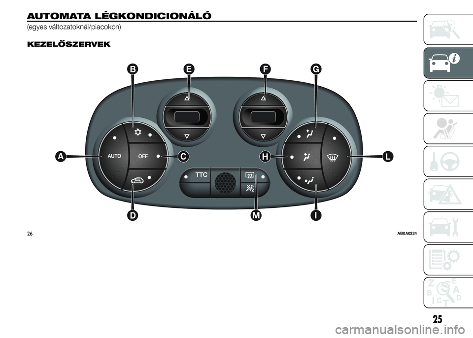 Abarth 500 2015 Kezelési és karbantartási útmutató (in Hungarian) AUTOMATA LÉGKONDICIONÁLÓ
(egyes változatoknál/piacokon).
KEZELŐSZERVEK
26AB0A0224
25 Abarth 500 2015 Kezelési és karbantartási útmutató (in Hungarian) AUTOMATA LÉGKONDICIONÁLÓ
(egyes változatoknál/piacokon).
KEZELŐSZERVEK
26AB0A0224
25
