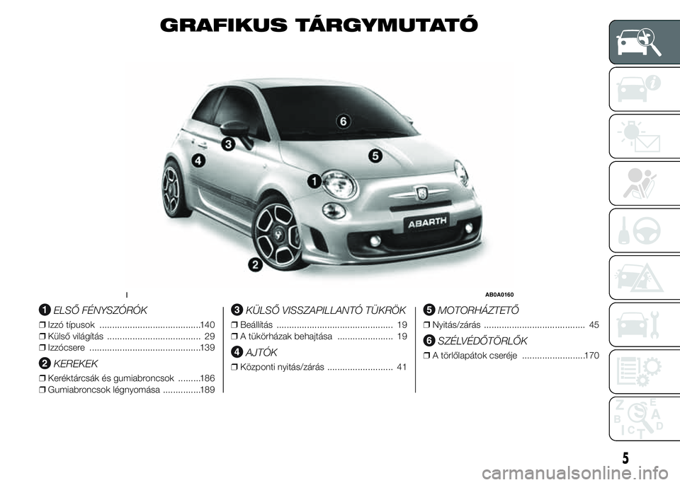 Abarth 500 2015 Kezelési és karbantartási útmutató (in Hungarian) GRAFIKUS TÁRGYMUTATÓ
.
ELSŐ FÉNYSZÓRÓK
❒Izzó típusok ........................................140
❒Külső világítás ..................................... 2
❒Izzócsere ............... Abarth 500 2015 Kezelési és karbantartási útmutató (in Hungarian) GRAFIKUS TÁRGYMUTATÓ
.
ELSŐ FÉNYSZÓRÓK
❒Izzó típusok ........................................140
❒Külső világítás ..................................... 2
❒Izzócsere ...............