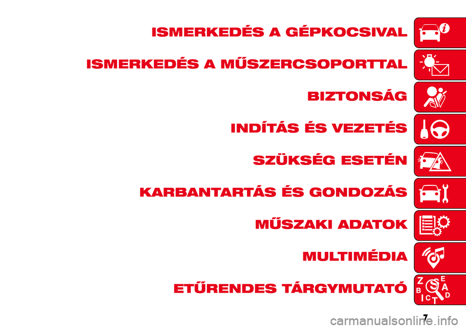 Abarth 500 2017  Kezelési és karbantartási útmutató (in Hungarian) ISMERKEDÉS A GÉPKOCSIVAL
ISMERKEDÉS A MŰSZERCSOPORTTAL
BIZTONSÁG
INDÍTÁS ÉS VEZETÉS
SZÜKSÉG ESETÉN
KARBANTARTÁS ÉS GONDOZÁS
MŰSZAKI ADATOK
MULTIMÉDIA
ETŰRENDES TÁRGYMUTATÓ
7 