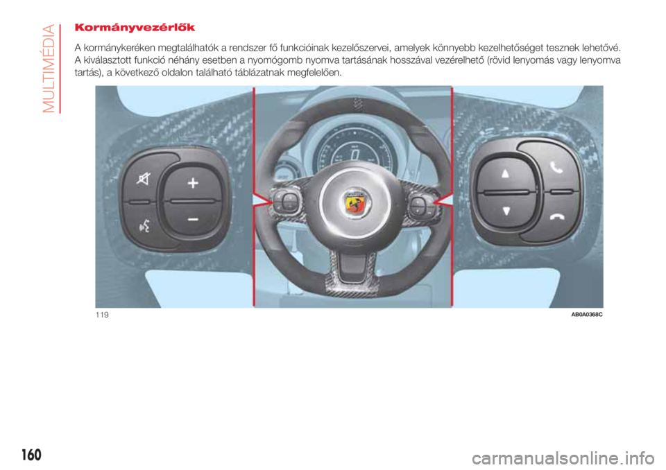 Abarth 500 2018 Kezelési és karbantartási útmutató (in Hungarian) Kormányvezérlők
A kormánykeréken megtalálhatók a rendszer fő funkcióinak kezelőszervei, amelyek könnyebb kezelhetőséget tesznek lehetővé.
A kiválasztott funkció néhány esetben a nyo Abarth 500 2018 Kezelési és karbantartási útmutató (in Hungarian) Kormányvezérlők
A kormánykeréken megtalálhatók a rendszer fő funkcióinak kezelőszervei, amelyek könnyebb kezelhetőséget tesznek lehetővé.
A kiválasztott funkció néhány esetben a nyo