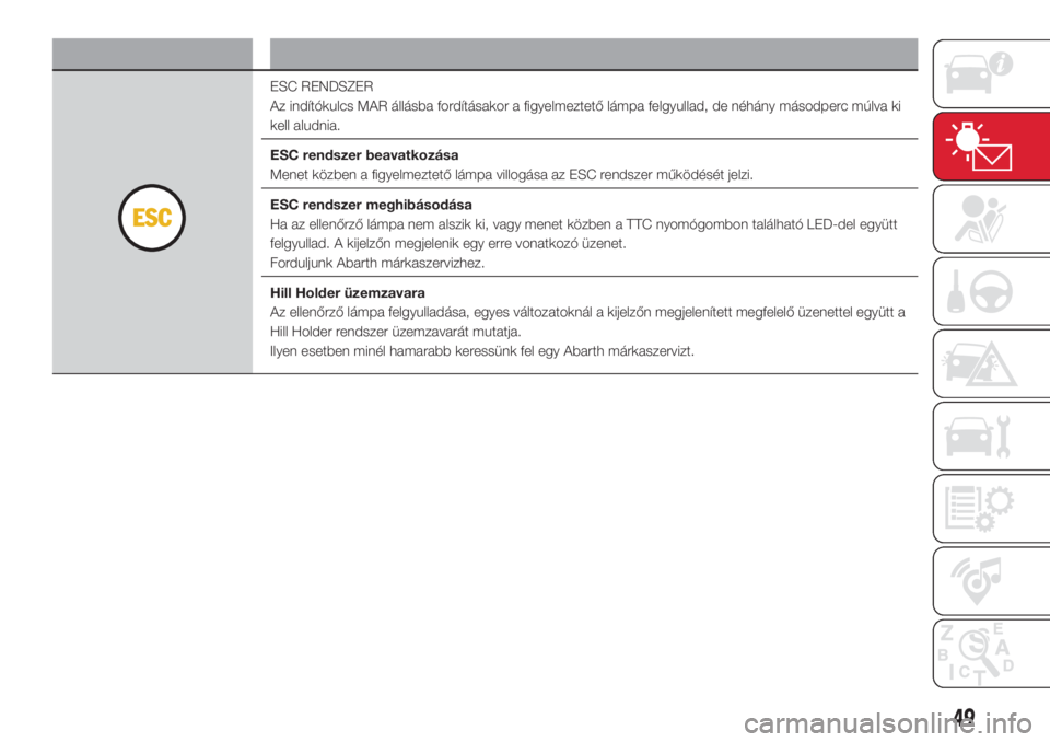 Abarth 500 2018  Kezelési és karbantartási útmutató (in Hungarian) Figyelmeztető lámpa Mit jelent
ESC RENDSZER
Az indítókulcs MAR állásba fordításakor a figyelmeztető lámpa felgyullad, de néhány másodperc múlva ki
kell aludnia.
ESC rendszer beavatkozás