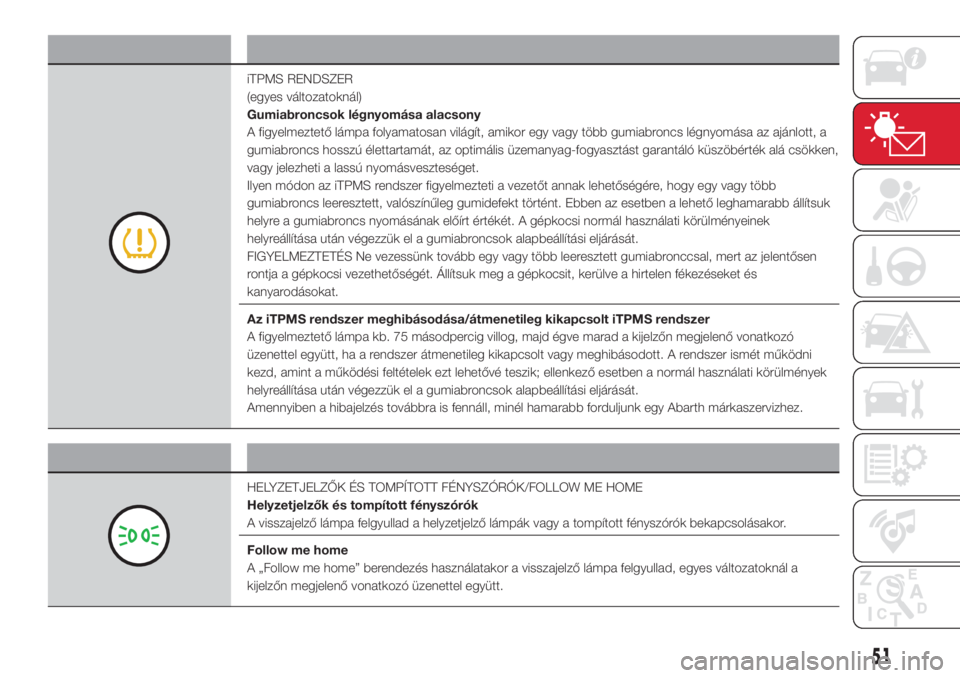 Abarth 500 2018  Kezelési és karbantartási útmutató (in Hungarian) Figyelmeztető lámpa Mit jelent
iTPMS RENDSZER
(egyes változatoknál)
Gumiabroncsok légnyomása alacsony
A figyelmeztető lámpa folyamatosan világít, amikor egy vagy több gumiabroncs légnyomá