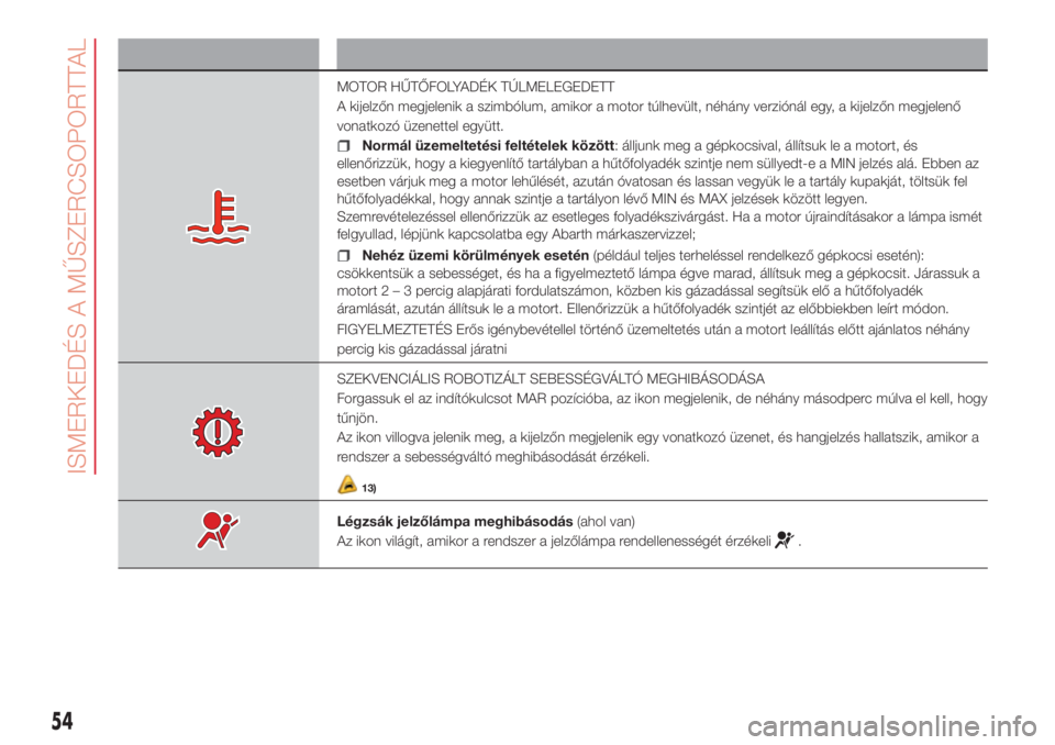 Abarth 500 2018  Kezelési és karbantartási útmutató (in Hungarian) Szimbólum Mit jelent
MOTOR HŰTŐFOLYADÉK TÚLMELEGEDETT
A kijelzőn megjelenik a szimbólum, amikor a motor túlhevült, néhány verziónál egy, a kijelzőn megjelenő
vonatkozó üzenettel együ