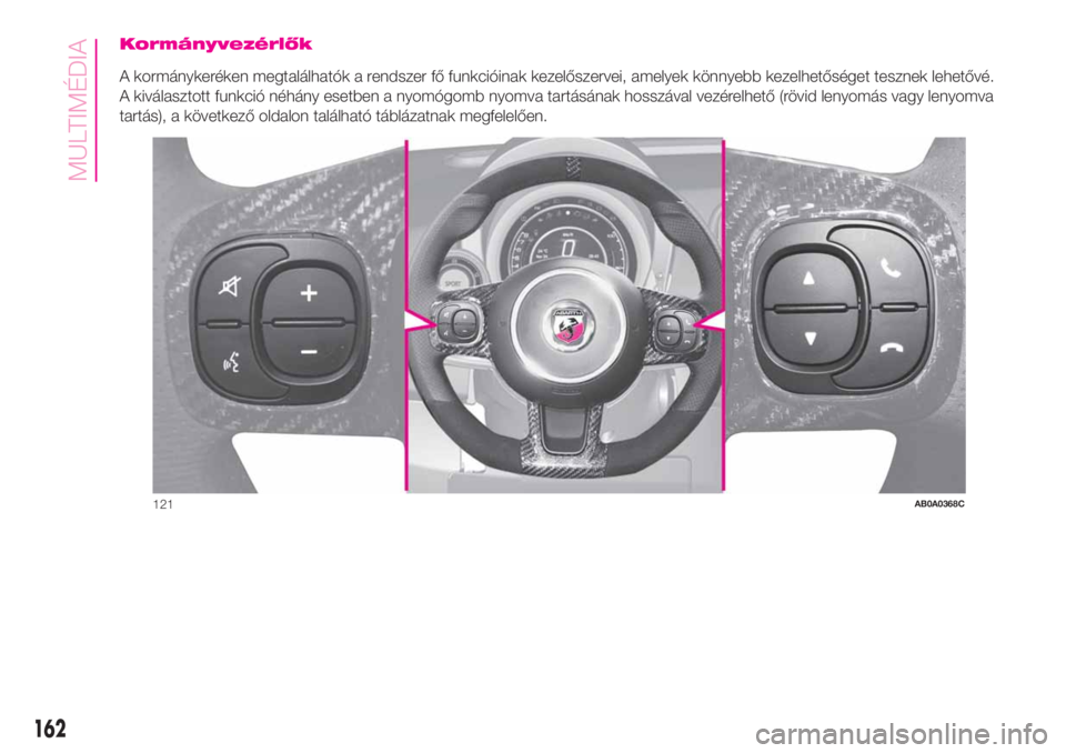 Abarth 500 2020 Kezelési és karbantartási útmutató (in Hungarian) Kormányvezérlők
A kormánykeréken megtalálhatók a rendszer fő funkcióinak kezelőszervei, amelyek könnyebb kezelhetőséget tesznek lehetővé.
A kiválasztott funkció néhány esetben a nyo Abarth 500 2020 Kezelési és karbantartási útmutató (in Hungarian) Kormányvezérlők
A kormánykeréken megtalálhatók a rendszer fő funkcióinak kezelőszervei, amelyek könnyebb kezelhetőséget tesznek lehetővé.
A kiválasztott funkció néhány esetben a nyo