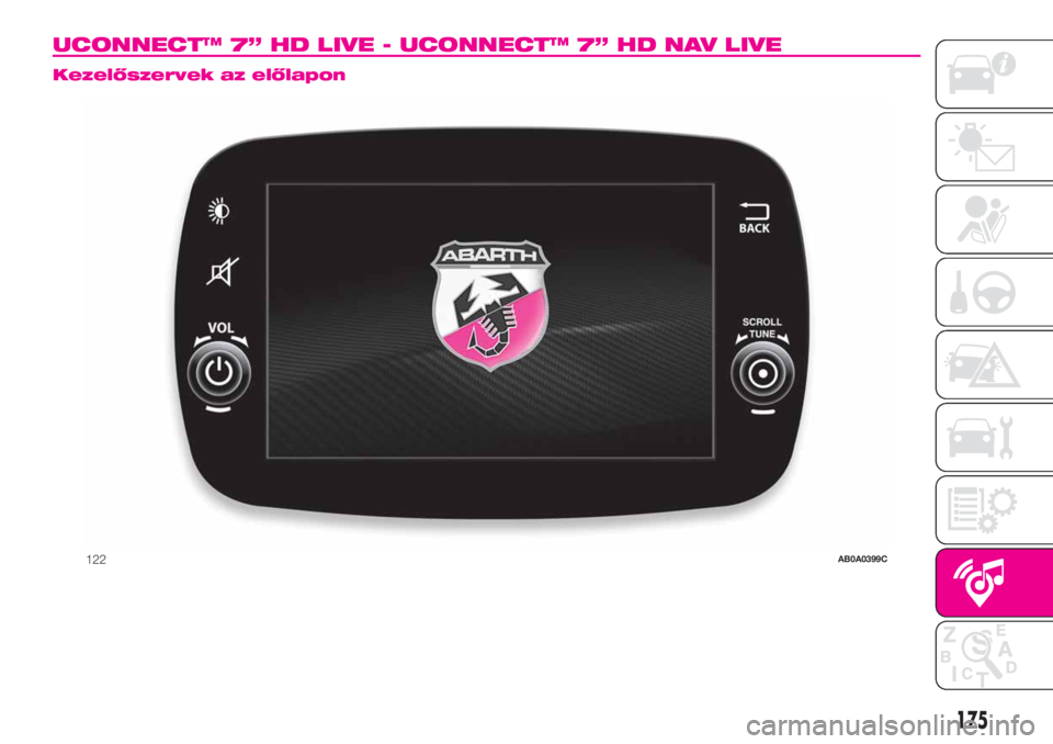 Abarth 500 2019  Kezelési és karbantartási útmutató (in Hungarian) UCONNECT™ 7” HD LIVE - UCONNECT™ 7” HD NAV LIVE.
Kezelőszervek az előlapon
122AB0A0399C
175 