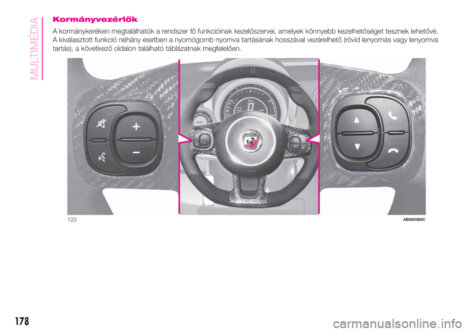 Abarth 500 2019  Kezelési és karbantartási útmutató (in Hungarian) Kormányvezérlők
A kormánykeréken megtalálhatók a rendszer fő funkcióinak kezelőszervei, amelyek könnyebb kezelhetőséget tesznek lehetővé.
A kiválasztott funkció néhány esetben a nyo