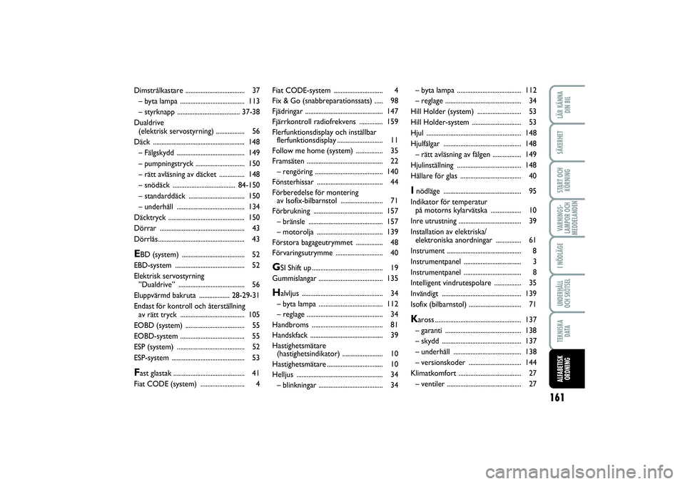 Abarth 500 2014  Drift- och underhållshandbok (in Swedish) 161
VARNINGS-
LAMPOR OCH
MEDDELANDENLÄR KÄNNA
DIN BILSÄKERHETSTART OCH
KÖRNINGI NÖDLÄGEUNDERHÅLL
OCH SKÖTSELTEKNISKA
DATAALFABETISK
ORDNING
Fiat CODE-system ............................. 4
Fix