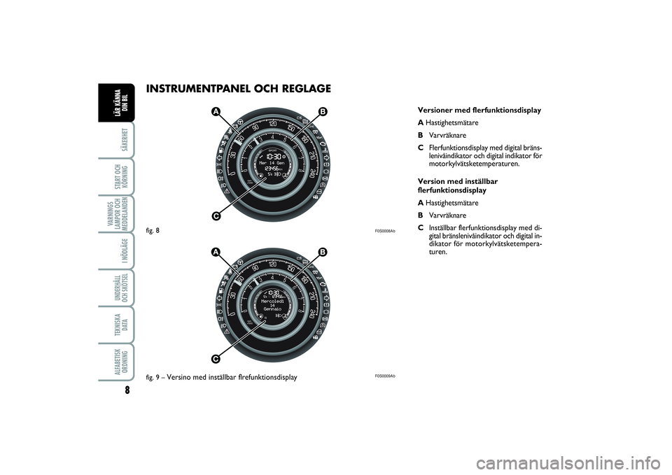 Abarth 500 2014  Drift- och underhållshandbok (in Swedish) INSTRUMENTPANEL OCH REGLAGE
8SÄKERHETSTART OCH
KÖRNINGVARNINGS
LAMPOR OCH
MEDDELANDEN
I NÖDLÄGEUNDERHÅLL
OCH SKÖTSELTEKNISKA
D ATAALFABETISK
ORDNINGLÄR KÄNNA 
DIN BIL
F0S0008AbF0S0009Ab
Versio