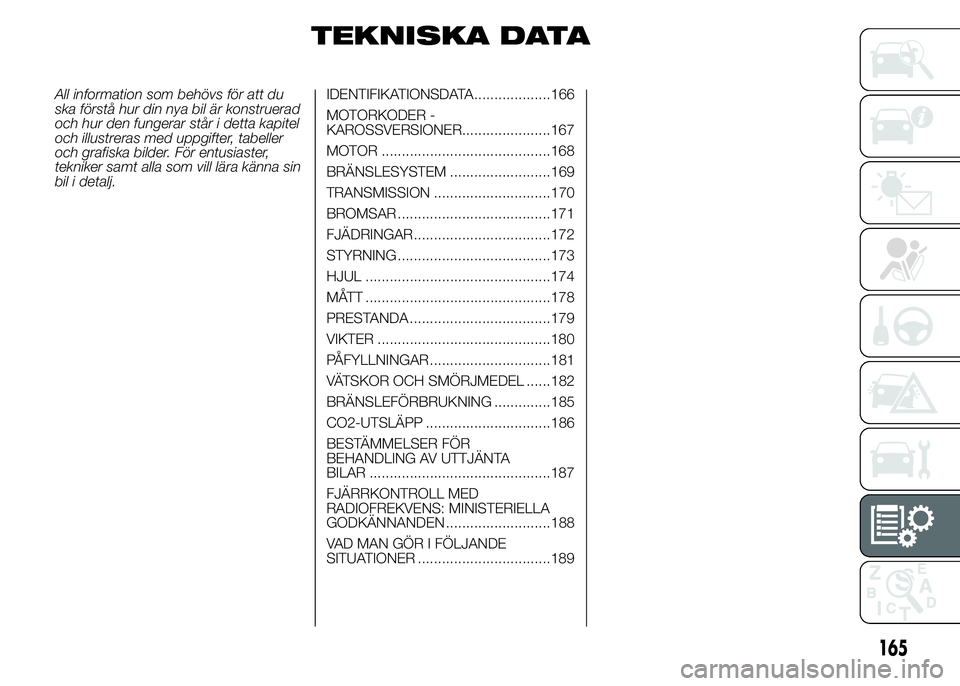 Abarth 500 2015  Drift- och underhållshandbok (in Swedish) TEKNISKA DATA
All information som behövs för att du
ska förstå hur din nya bil är konstruerad
och hur den fungerar står i detta kapitel
och illustreras med uppgifter, tabeller
och grafiska bilde